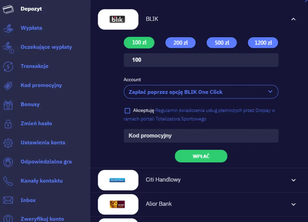 Sposób wpłaty w Total Casino